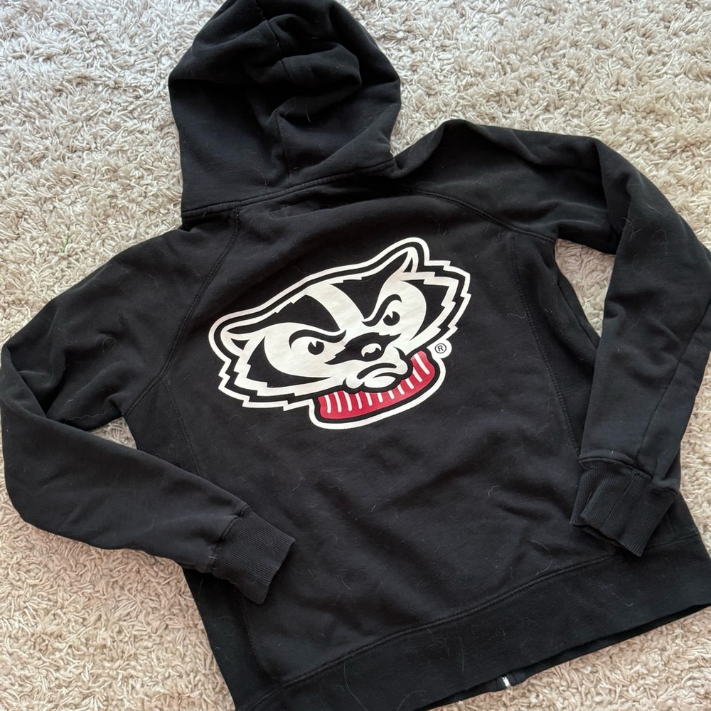 WISCONSIN BADGER E5 ZIP UP HOODIE Bucky Sweatshirt Home Logo Spell Out Patches M